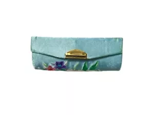 Blue Satin Embroidery Lipstick Case Holder w/ Mirror - Picture 1 of 3