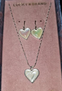 Lucky Brand Silver-Tone Mother-of-Pearl Heart 16" Necklace & Earrings NIB - Picture 1 of 4