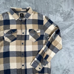Vans Shirt Mens Large Blue Tan Plaid Flannel Slim Fit Button Down Long Sleeve - Picture 1 of 11