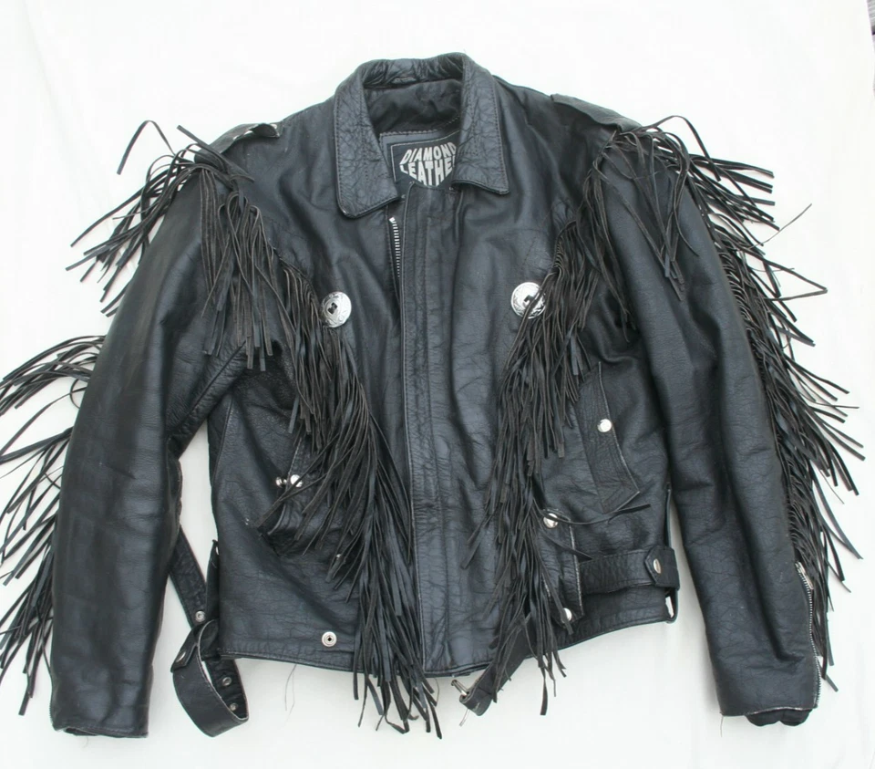 DE COLECCIÓN ABRIGO NEGRO DE CUERO PESADO FLECOS MOTOCICLISTA ROCKER GLAM ROCK PUNK CHAQUETA RAMONES Foto 1 de 4