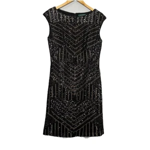 Vestido Lauren Ralph Lauren Mujer 6 Negro Lentejuelas Malla Noche Vaina Cóctel - Imagen 1 de 9