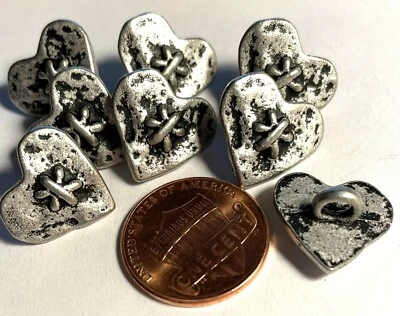 8 Antique Silver Tone Metal Shank Heart Buttons Almost 5/8" 15mm 12801 - Image 1 of 2