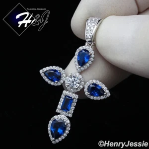 MEN WOMEN 925 STERLING SILVER ICY BLUE RHINESTONE SIVER 3D CROSS PENDANT*SP361 - Picture 1 of 4