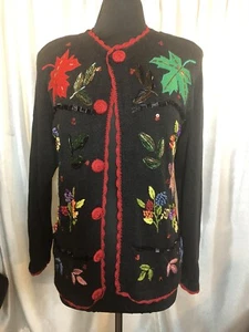 Victoria Harbour Gr. Small bestickter Weihnachtspullover Strickjacke Pailletten Blume - Bild 1 von 4