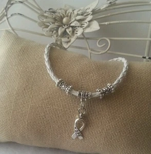 Pulsera de Cuero Blanco Cinta Esperanza Conciencia Plata Colgante Dije Joyería - Imagen 1 de 5