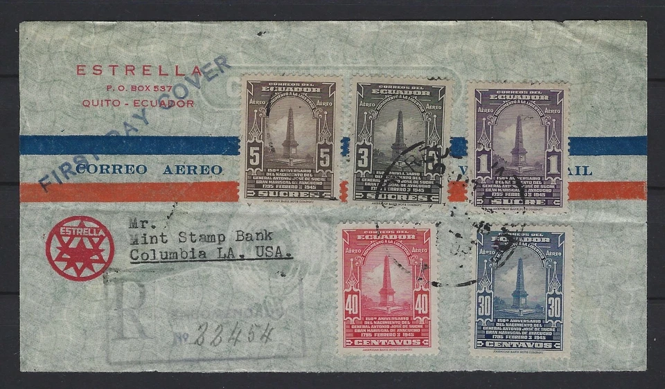 ECUADOR REG'D FDC 1945: 150TH ANN'Y BIRTH OF GEN SUCRE GRAND MARSHAL OF AYACUCHO - Image 1 of 2