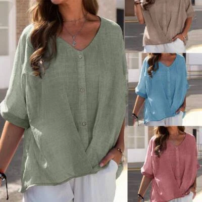 Blouse Casual Baggy Summer Cotton Linen Tunic Women T-Shirt Plus Size Tops Top - image 1 of 4