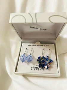 925 EARRINGS TWO EXOTIC PAIRS OF SWAROVSKI ELEMENTS DROP DOWN PIERCED - Picture 1 of 3