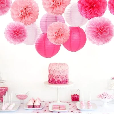 Decoração de festa rosa claro-quente papel-lanternas flores-15 peças menina formatura... - Imagem 1 de 4