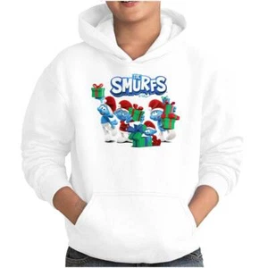 Retro The Smurfs Christmas Present Round Up Youth Hooded Sweatshirt Boy or Girl - Picture 1 of 7