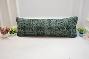 Green Colors Vintage Turkish Rug Pillow, 12x36 inc Long Lumbar Pillow Case, Turk - Picture 1 of 8