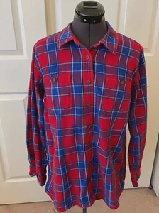 Women's DULUTH TRADING CO Red Blue Plaid Button-Up Flannel Shirt L - Picture 1 of 4