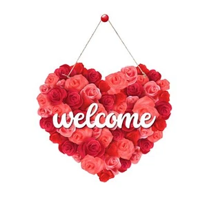 Valentines Day Welcome Door Sign Love Wall Hanging Decor Red Rose Heart Shape... - Picture 1 of 3