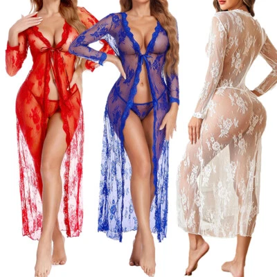 Women's Sexy Lingerie Long Lace Mesh Dress Sheer Gown See Through Kimono Robe US - Image 1 of 4