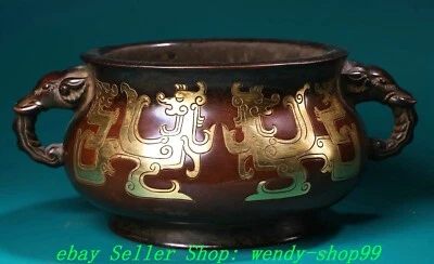 8" Xuande Púrpura Bronce 24 K Oro Phoenix Orejas de Elefante Quemador de Incienso Censario Foto 1 de 4