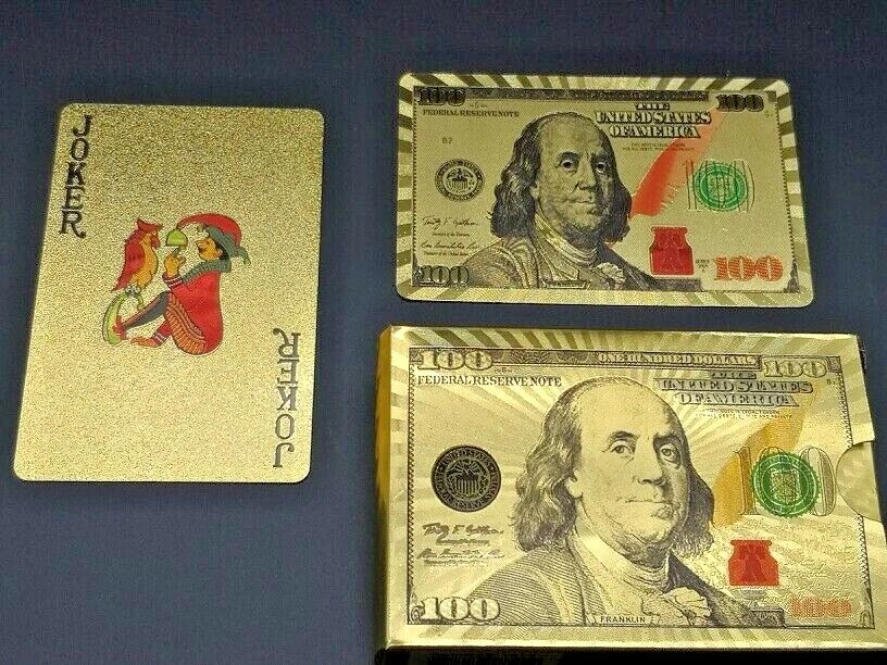 1 Deck US$100 Poker Playing Card Toy Bill 24K Gold Foil Plating Game Plastic US - Image 1 of 3