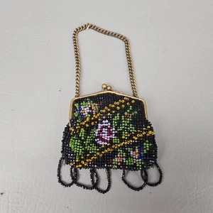 Antique Mini 3" Beaded Floral Black Coin Purse w/ Chain Handle Vintage - Picture 1 of 7