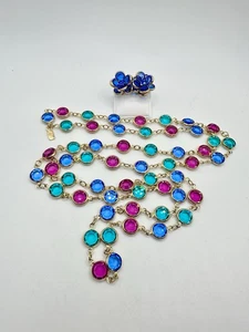 Vintage Swarovski rosa blau grün Kristall Einfassung 36 Zoll Halskette Ohrringe signiert lesen - Bild 1 von 21