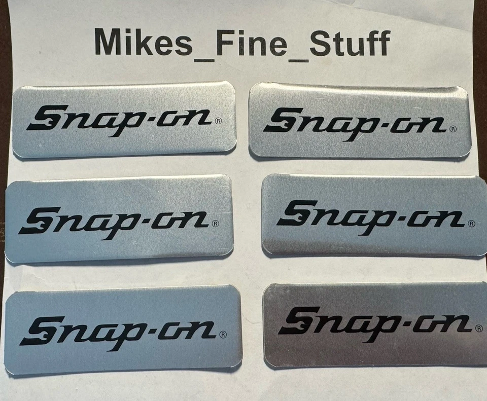 ШЕСТЬ (6) SNAP-ON инструментарий логотипы тиски значок алюминиевая эмблема стикер этикетка неправильный - Изображение 1 из 4
