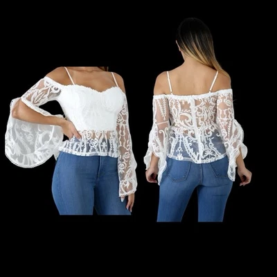 Moda Nova Victoriano Encaje Blusa Recortada Top Transparente Mangas Campana Peplum Talla M Foto 1 de 4