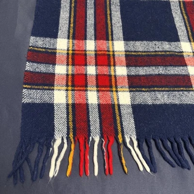 Vintage Plaid Blanket Wool Blend Throw Camp Stadium 57x51” Blue Red White Cabin - Image 1 of 4