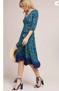MAEVE ANTHROPOLOGIE Prunella Floral Ruched Wrap Dress Blue Green Size 0P - Bild 1 von 9