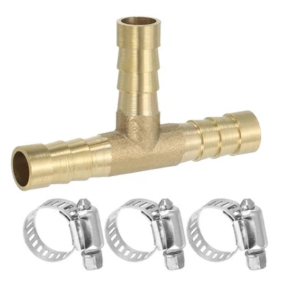 5/16" Brass Tee Barb Hose Fitting Adapter Barbed Split with Clamps, Golden - Image 1 of 4