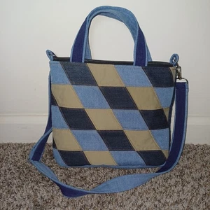 Bolso Bandolera de Hombro Patrón Romboide Azul Jean Denim Reciclado Hecho a Mano - Imagen 1 de 7