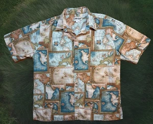 Cooke Street World Maps Cartographer Vintage Button Up Hawaiian Shirt Made USA L - Picture 1 of 9