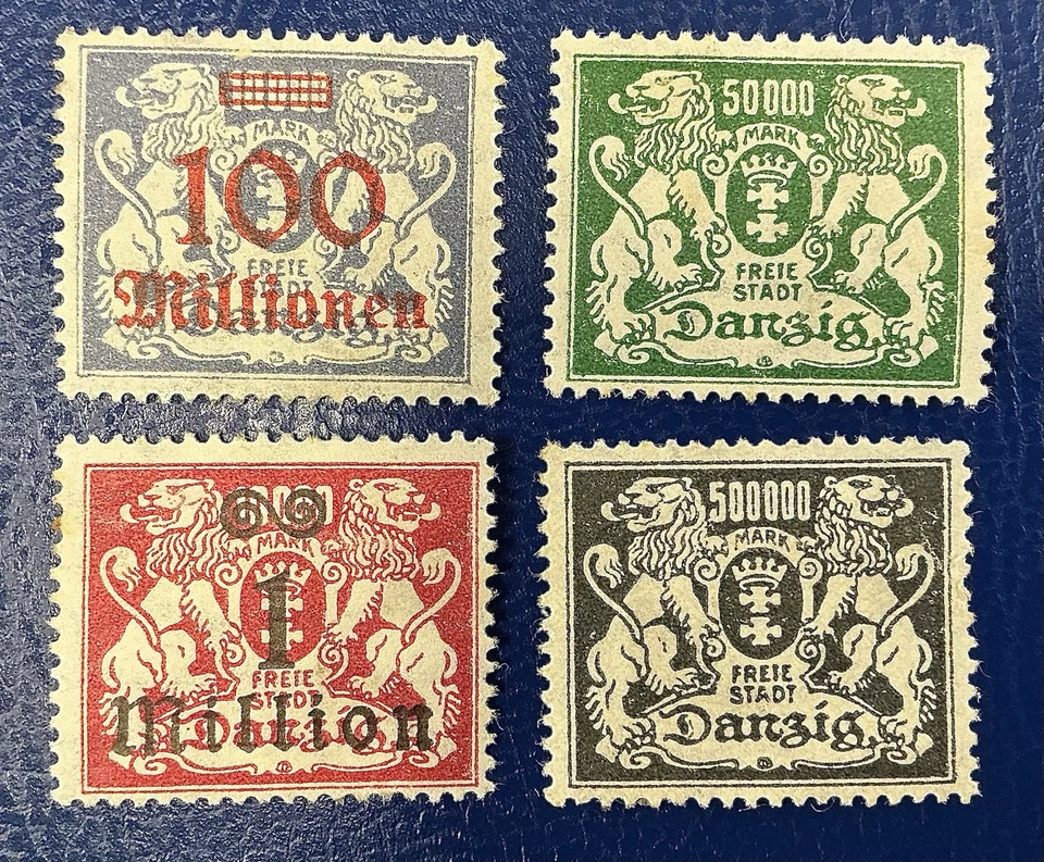 1923 freie stadt Danzig 4 mint WM stamps with & without overprint 100 millionen - Image 1 of 2