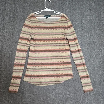Suéter Pullover LRL Ralph Lauren 100% Lino Para Mujer PXS Marrón Tostado Camisa a Rayas Foto 1 de 4