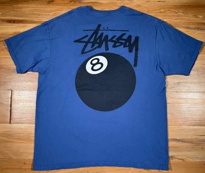 Stussy Blue & Black Big 8 Ball Logo Print 100% Cotton Faded T Shirt XL - Image 1 of 4