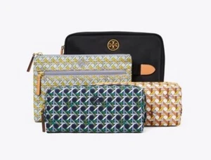New! $258 Tory Burch *RARE* PIPER Basket Geometric Print TRAVEL COSMETIC BAG SET - Picture 1 of 12