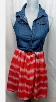 GUESS  GIRLS  Hi/ Low Hem Tie Summer Dress Full Skirt (DENIM/RED 14)NWT - Image 1 of 4