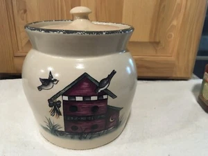 Home & Garden Party small Canister With Lid Bird Houses Feed store Stoneware - Picture 1 of 2