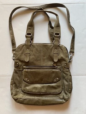 Perlina Brushed Leather Hobo Shoulder Bag Purse Olive Green Zipper Large - Image 1 of 4