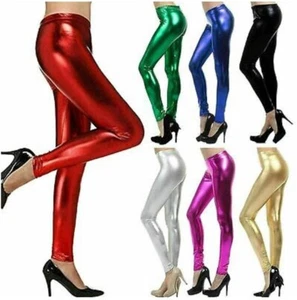 Leggings donna discoteca elasticizzati lucidi donna americani metallizzati wet look pantaloni nuovi - Foto 1 di 14