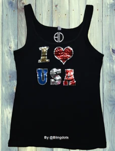 Women's I love USA Bling Tank top sequins Shirt no Rhinestones glitter tee   - Picture 1 of 6