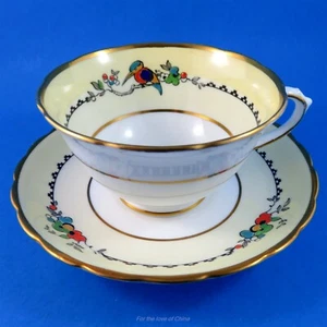 Hand Painted Yellow Border with Colorful Bird Design Tuscan Tea Cup and Saucer - Picture 1 of 4
