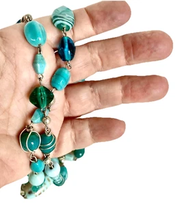 Mid-Century Art Glass Wire Wrap Bead Necklace Teal, Aqua & Copper Aventurine 48" - Picture 1 of 12