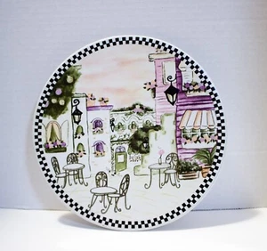 Trivet 8" Street Cafe Ceramic Hot Plate Illustrated Design Checkerboard Trim - Picture 1 of 6