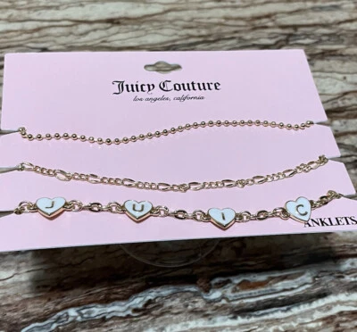 Juicy Couture Joyería Oro Tobillo Pulsera Trío Conjunto Logo Esmalte Blanco Foto 1 de 4