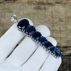 Zaffiro Blu Creato IN Laboratorio Gemma Mano 925 Pendente Argento Sterling Per - Foto 1 di 4