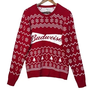 Suéter Budweiser Feo Navidad Hombres Talla M Rojo Copos de Nieve Cuello Redondo Manga Larga - Imagen 1 de 11