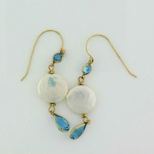 14K Yellow Gold Pearl and Blue Topaz Earrings - Picture 1 of 3