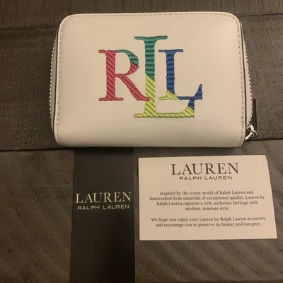 LRL Lauren Ralph Lauren Cartera de Cuero Bordada Cremallera Alrededor Blanca Multi Foto 1 de 4
