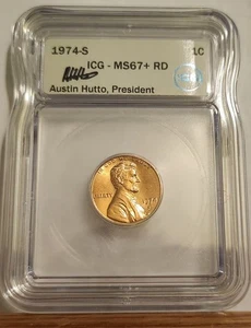 1974 S Lincoln Memorial Cent ICG MS67+ RD (RARE) AUSTIN HUTTO SIGNED - Picture 1 of 4