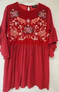 Gigio USA Red Babydoll Dress Boho with  Floral embroidery 3/4 Sleeve  Small - Picture 1 of 6