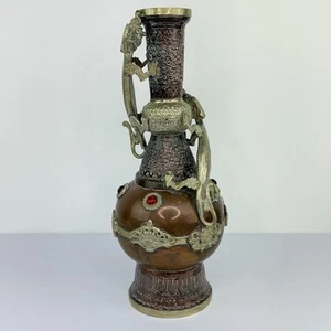 Vintage Art Surahi Copper & Brass Double Dragon Vase with Red Stones 12.5” - Picture 1 of 21