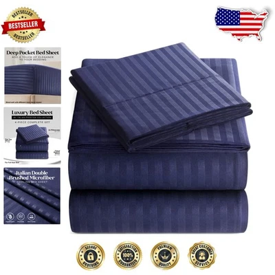 Juego de sábanas completo 4 piezas a rayas azul marino sin arrugas 1800 TC microfibra Foto 1 de 4
